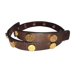 Tory Burch Leather Wrap Bracelet Brown Gold Tone Logo Studs Boho Chic Equestrian